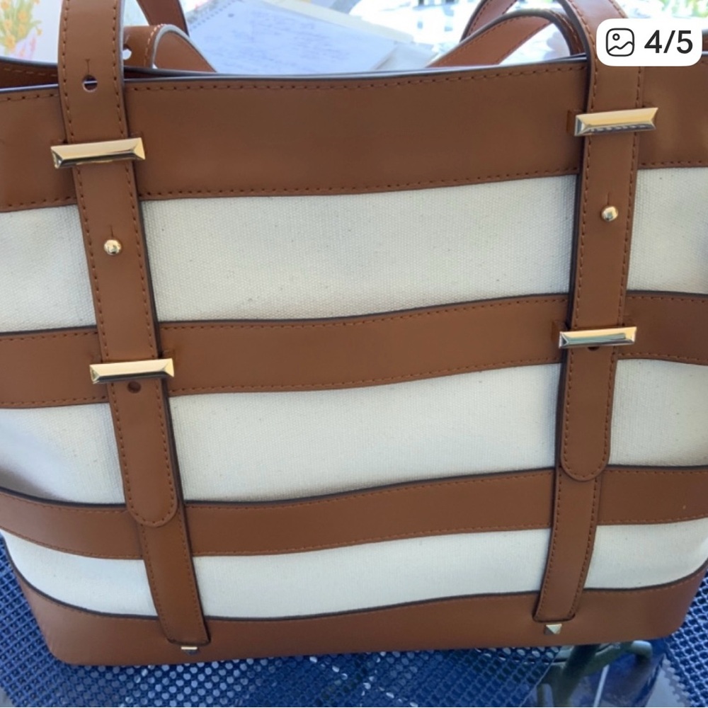 Michael Kors Striped Leather Jet Set Tote Purse w Gold Accents Everyday Bag - Picture 5 of 5
